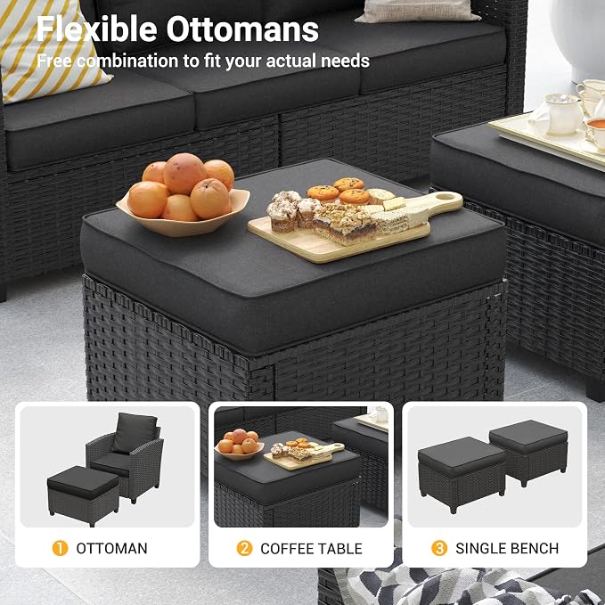 Outdoor Furniture Set, 5 Pcs Wicker Patio Couch with Chairs, Ottomans and Thick Cushions, All Weather Wicker Rattan Patio Conversation Set.Black