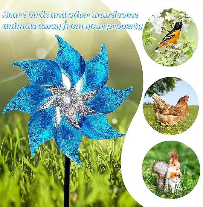 Hausse 10 Pack Reflective Pinwheels with Stakes (Assembly Required), Extra Sparkly Pin Wheel for Garden Decor, Bird Repellent Devices Deterrent to Scare Birds Away from Yard Patio Farm, Blue