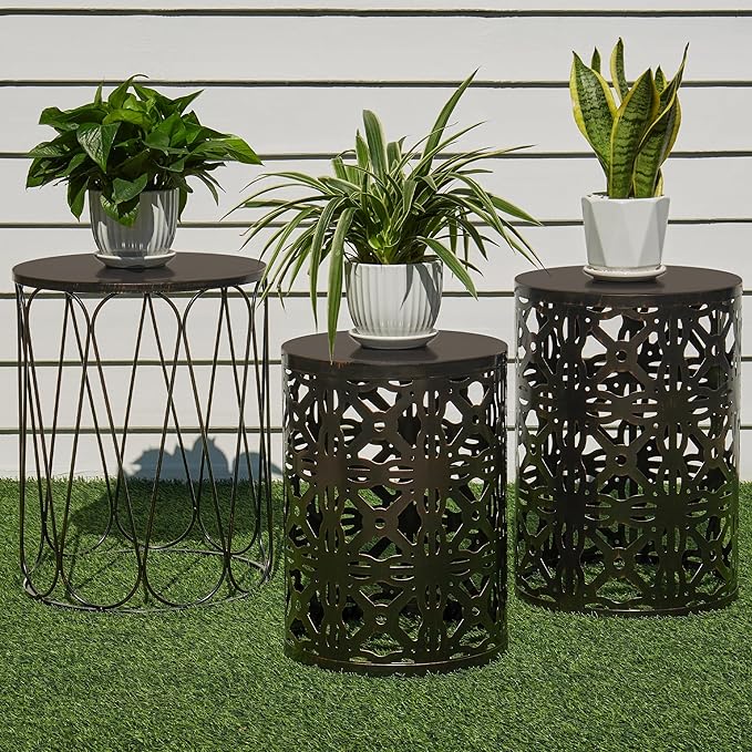 Y&M Set of 3 Metal Round Patio Side Tables, Multifunctional Coffee Table End Table for Indoor & Outdoor Garden Stool Modern Design - Black with Bronze
