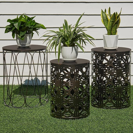 Y&M Set of 3 Metal Round Patio Side Tables, Multifunctional Coffee Table End Table for Indoor & Outdoor Garden Stool Modern Design - Black with Bronze