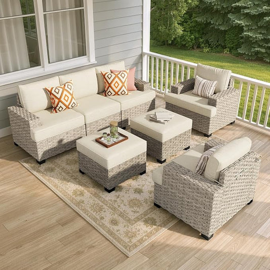 Weaxty 7 Pieces Outdoor Furniture Set, Patio Sectional Sofa Wide Seats Couch Chair with Ottoman, Thick Cushion All-Weather Rattan Patio Conversation Sets for Backyard Porch Balcony, Beige