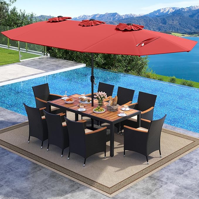 Tangkula 11 Piece Patio Wicker Dining Set w/Double-Sided Patio Umbrella, 8 Stackable Cushioned Chairs, 71" Acacia Wood Dining Table & 15 ft Umbrella with Weighted Base (Burgundy + Off White)