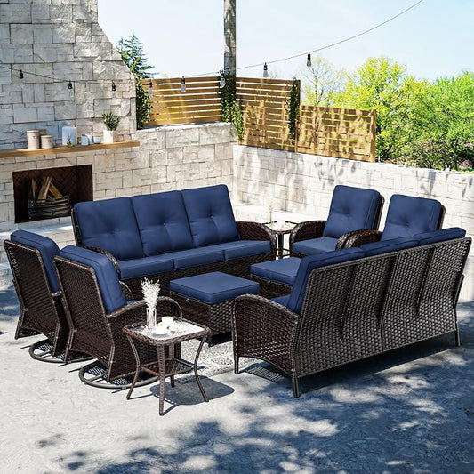 Joyside Wicker Patio Furniture Set, 10 Piece Outdoor Furniture Set with Thickened Cushions, High Back, Deep Seating, Wide Armrest, Outdoor Swivel Rocker Chairs for Porch, Deck