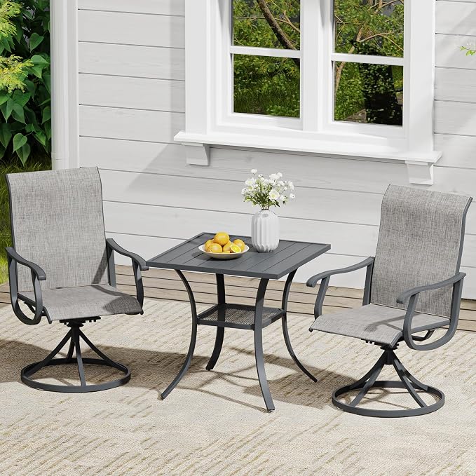 VICLLAX 3 Pieces Outdoor Dining Set, Patio Furniture Set of 2 Patio Swivel Dining Chairs and Small Dining Table with Storage Shelf, Grey Chairs & Dark Grey Frame