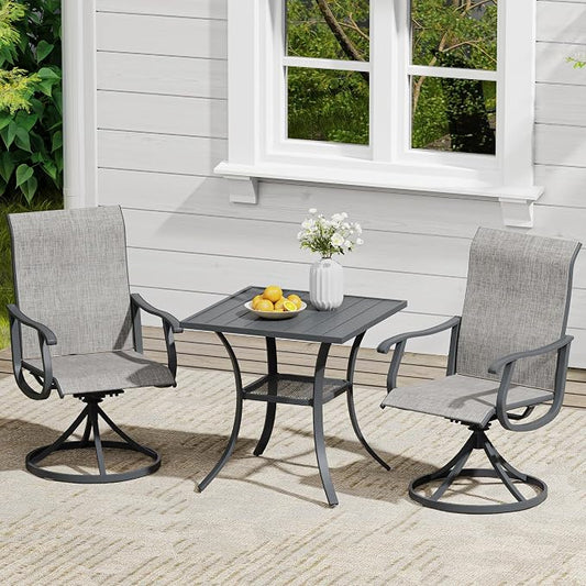 VICLLAX 3 Pieces Outdoor Dining Set, Patio Furniture Set of 2 Patio Swivel Dining Chairs and Small Dining Table with Storage Shelf, Grey Chairs & Dark Grey Frame