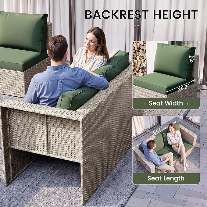 Amopatio Patio Furniture Set, All-Weather Wicker Outdoor Conversation Set with Glass Coffee Table, Cushions & Ottomans for Deck Backyard Porch Lawn Green