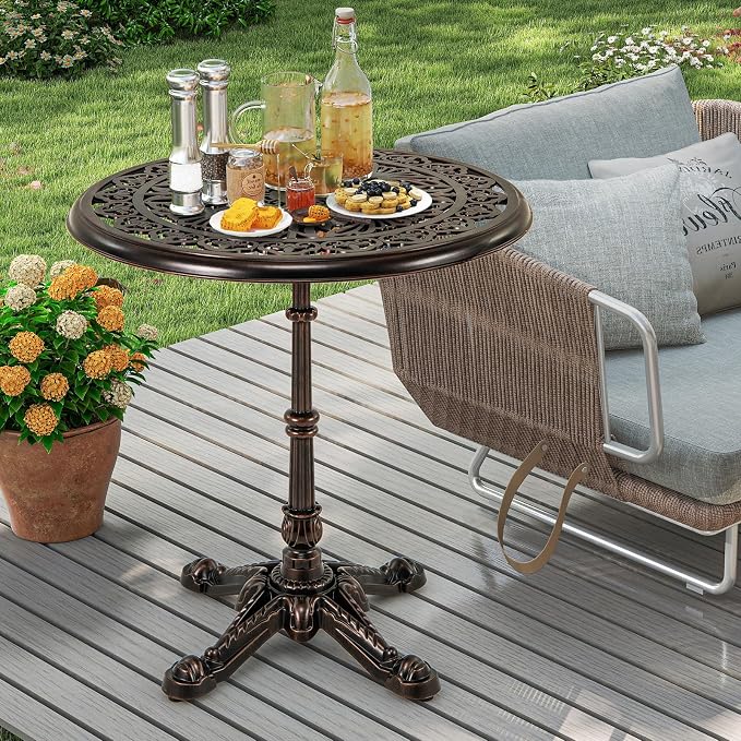 HAPPYGRILL Outdoor Dining Table 27", Cast Aluminum Patio Table with Hollowed-Out Tabletop, Carved Cross Base, Round Outdoor Side Table for Yard, Balcony, Garden, Poolside