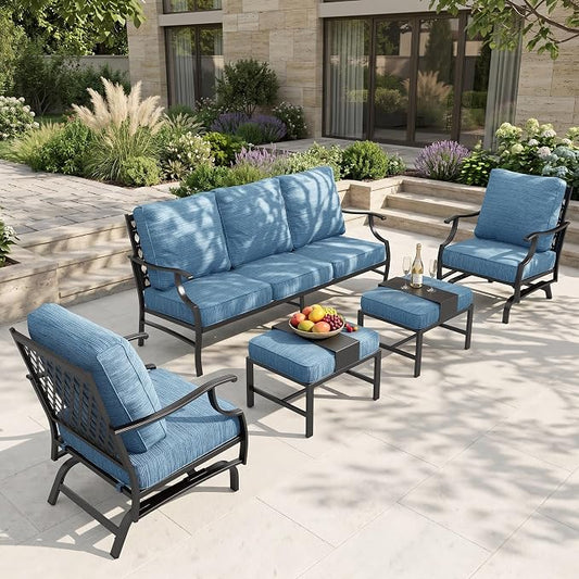 HERA'S HOUSE 5 Pieces Patio Furniture Set, 2 x Rocking Chair, 2 x Ottoman, 1 x 3-Seat Sofa, All Cushioned 7 Seats Metal Outdoor Conversation Set for Lawn Garden Backyard