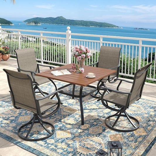 Outdoor Dining Set for 4, 37.8" Metal Outdoor Dining Table with Umbrella Hole and Sling Patio Swivel Chairs, 5 Pieces Patio Table and Chairs Set for Garden Backyard, Mixed Brown and Walnut