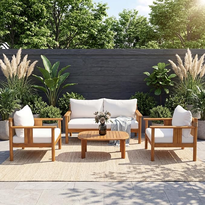 Christopher Knight Home Willy Acacia Wood Patio Furniture Set with Water-Repellent Cushion, 4 Piece Outdoor Acacia Wood Conversation Set, Outdoor Sectional Sofa Set with Coffee Table, Beige+Teak