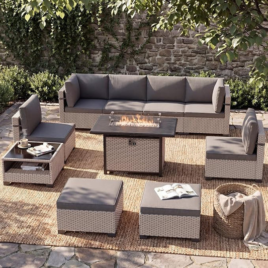 Patio Furniture Set, 10-Piece Outdoor Sectional Sofa with 60,000 BTU Fire Pit Table & Ottomans, Wicker Patio Conversation Set with Coffee Table, Gray Cushions