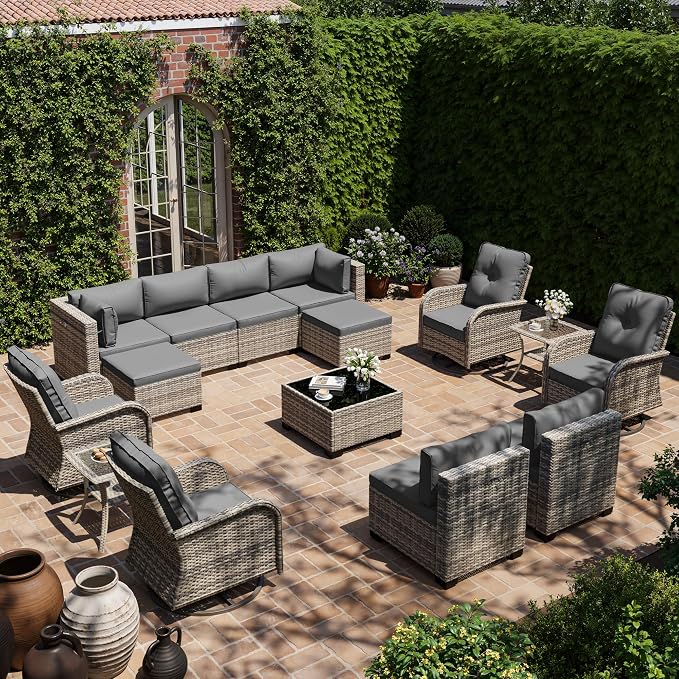15-Piece Outdoor Patio Furniture Set with Rocking Swivel Chair, Wicker Rattan Sectional Sofa Conversation Set with Tempered Glass Table with Ottomans, Backyard Furniture, Grey
