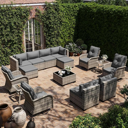 15-Piece Outdoor Patio Furniture Set with Rocking Swivel Chair, Wicker Rattan Sectional Sofa Conversation Set with Tempered Glass Table with Ottomans, Backyard Furniture, Grey