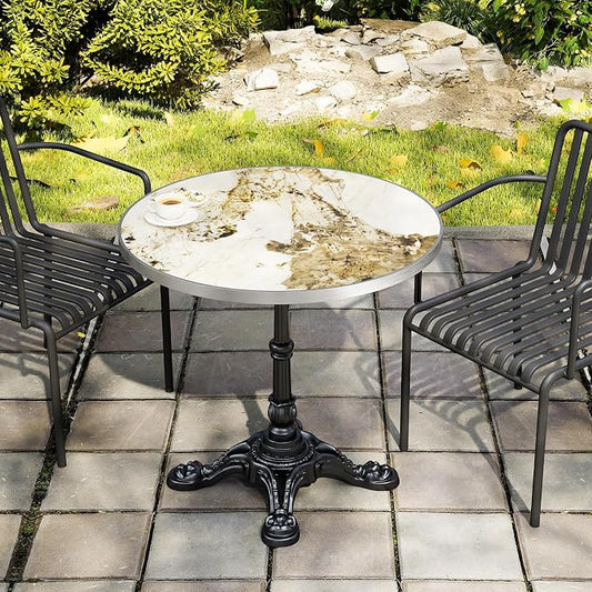 31.5" Outdoor Tulip Dining Table with Sintered Stone Tabletop and Cast Iron Base, Antique Patio Bistro Table for 2-4 Person for Indoor Outside Cafe Restaurant Backyard Garden (Platinum Cloud)