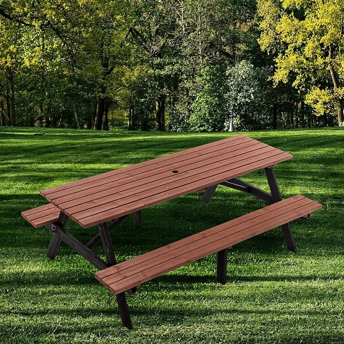 KEIKI 75" Solid Wood Picnic Table Set with Benches, Heavy-Duty Outdoor Dining Table for 6–8 People, Patio Table with Umbrella Hole, Rustic Brown for Backyard, Lawn, 2220lb Capacity, Brown/Black