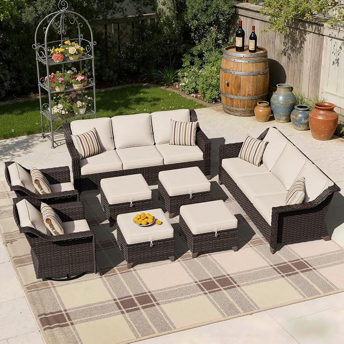 8 Pieces Patio Conversation Furniture Set - 2 Sofas, 4 Ottomans, 2 Swivel Chairs, 1 Side Table, Outdoor Wicker Furniture with Removable Cushions for Porch, Balcony, Sunroom (Beige)
