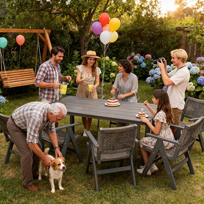 68.9” Outdoor Dining Table, Wooden Patio Table, Outdoor Furniture with Umbrella Hole, 6 Seater Outside Table for for Garden, Poolside & Backyard,BBQ ect. (Charcoal Gray)