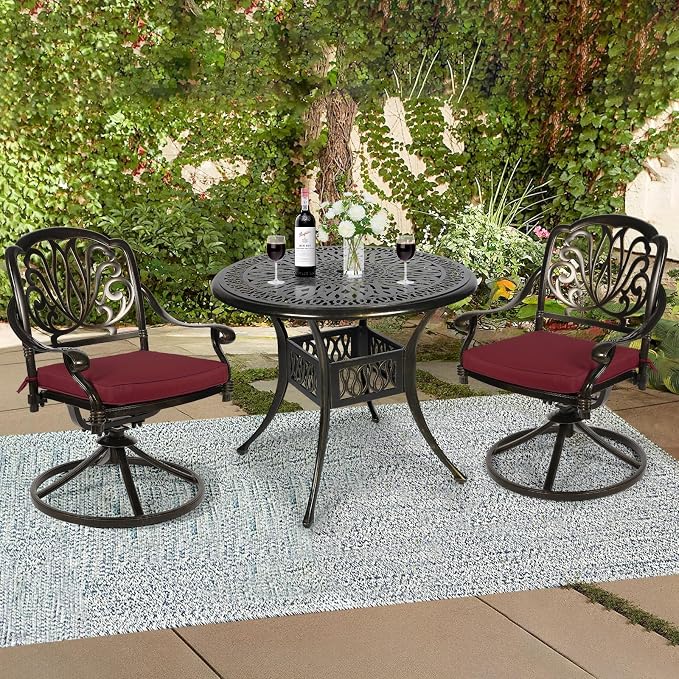 3-Piece Outdoor Patio Dining Set, All-Weather Cast Aluminum Patio Furniture Set for Backyard Garden Deck with 2 Swivel Cushioned Chairs and 35.4” Round Table, 2" Umbrella Hole, Chili Red