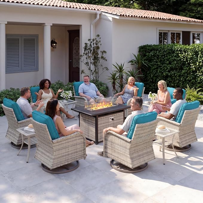 13Pcs Patio Rocking Swivel Chair with 55,000 BTU Fire Pit Table Outdoor Wicker Rattan Bistro Set with Tempered Glass Side Table, Outdoor Patio Furniture Set for Garden and Balcony, Turquoise