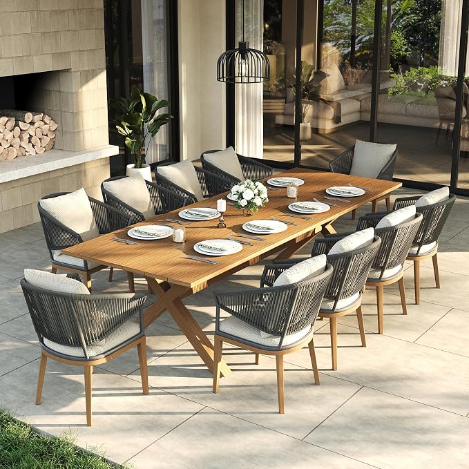 LayinSun 11 Piece Outdoor Dining Table Set, Aluminum Modern Rectangular Dining Table and All-Weather Wicker Chairs Set for Patio Deck Indoor Decor Kitchen