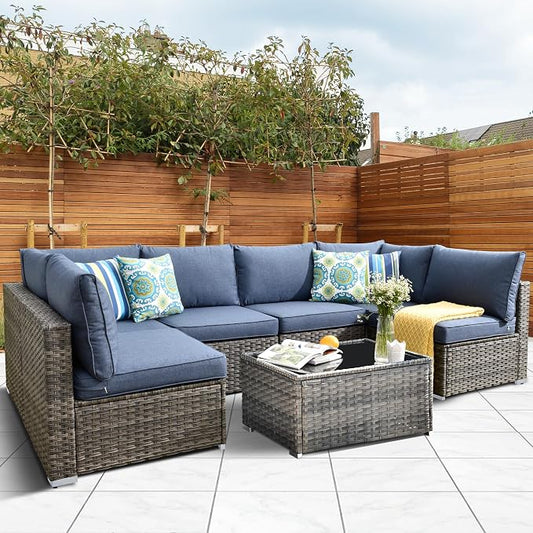 HOOOWOOO Patio Outdoor Sectional Furniture Sofa Set,7 Piece U Shaped Corner Wicker Rattan Couch Set,Rustic 6 Persons Summer Patio Conversation Set for Outside Porch Deck Garden(Denim Blue)