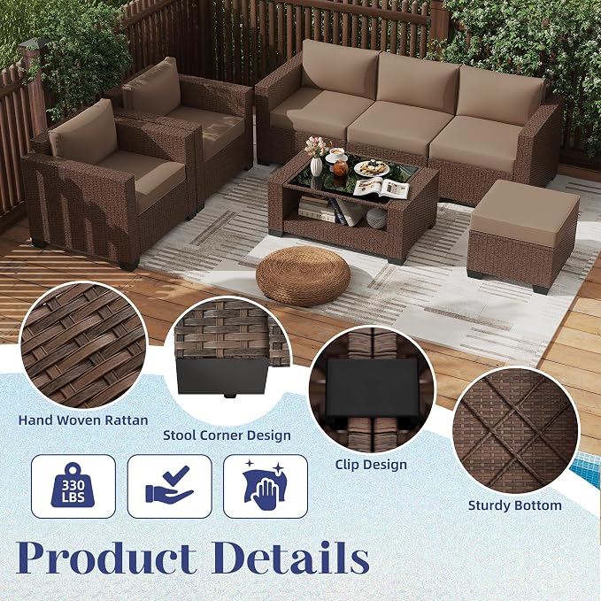 KIGOTY Patio Furniture Set 7 PCS Patio Conversation Sets, All-Weather PE Rattan Outdoor Sectional Sofa with Cushion and 2- Tier Glass Coffee Table（Brown/Camel）