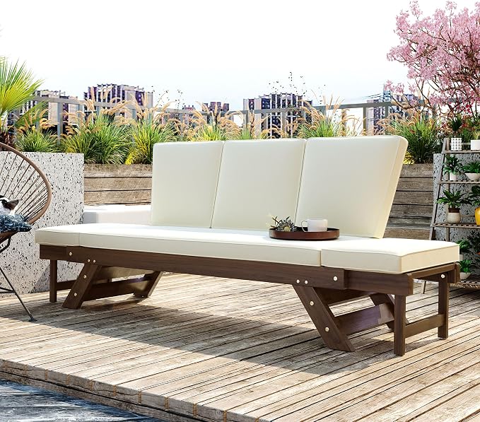 Outdoor Patio Furniture Sets, Adjustable Wooden Daybed Sofa Chaise Lounge, Acacia Wood Couch Sofa Bed with Cushions for Small Places Patio Balcony Poolside Backyard (Brown Finish+Beige cushion 6)