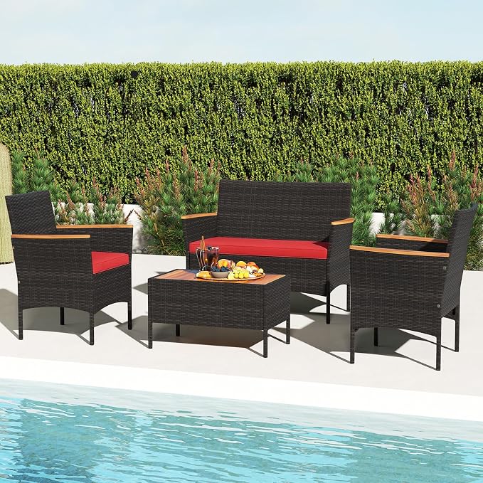 Tangkula 4 Pieces Patio Wicker Sofa Set, 2 Rattan Chairs & Loveseat w/Coffee Table, Acacia Wood Armrests & Tabletop, Outdoor Cushioned Conversation Set for Backyard, Poolside (Red, 4 Pieces)