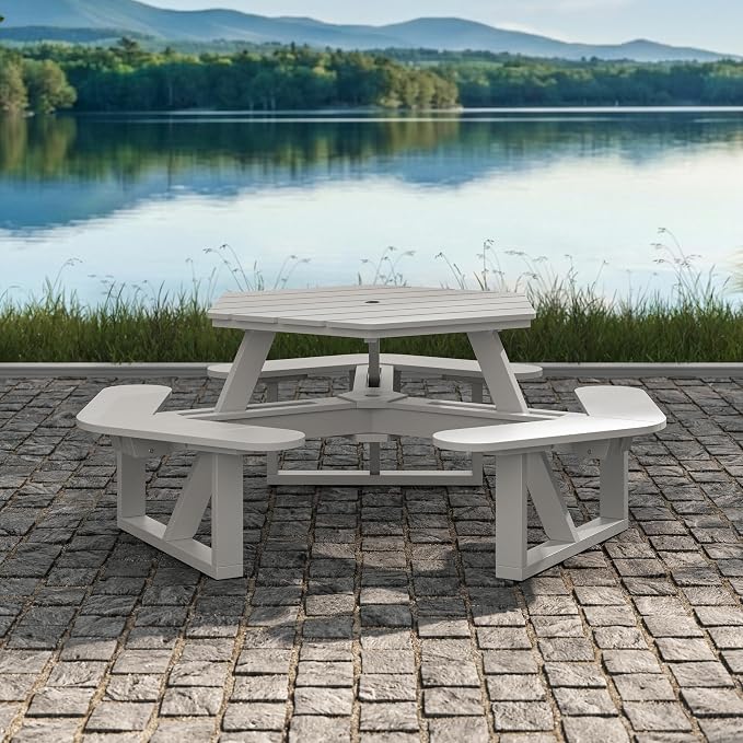 Shoreline Made in USA Hexagon Picnic Table, Seating for 6, Cove Gray