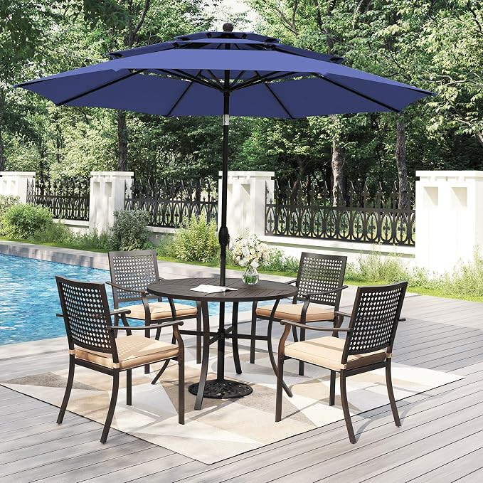 PHI VILLA 5pc Outdoor Table Set w/Umbrella, Round Metal Table & Chairs | 42" wrought iron table & stackable chairs w/ cushions. 10ft blue umbrella. Patio furniture set for deck, porch, backyard.