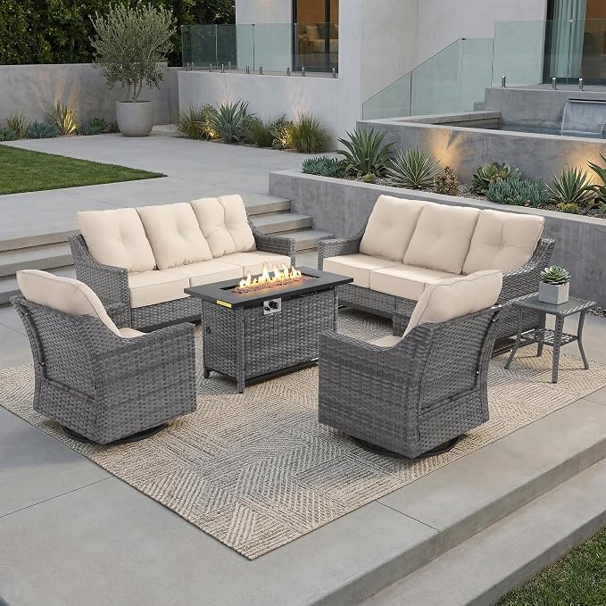 6 Piece Patio Furniture Set with Fire Pit, Grey Wicker Outdoor Conversation Set with 2 Swivel Rocker Chairs, 2 Sofas, Side Table and Rectangular 60,000 BTU Fire Pit Table for Porch, Deck