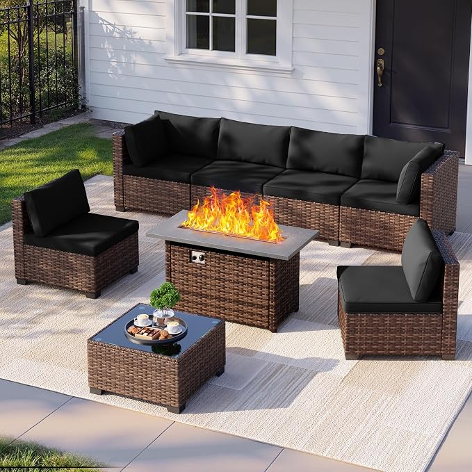 Qsun 8 Pieces Outdoor Patio Furniture Set with 44.9" Fire Pit Table, All-Weather Wicker Outdoor Patio Sectional Set with Coffee Table, for Backyard Poolside Garden Porch, Black