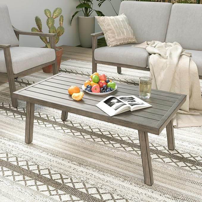 HAPPATIO 4-Piece Outdoor Patio Furniture Set for 5, Aluminum Outdoor Conversation Set Includes 1 Three-Seater Sofa, 2 Armchairs, and 1 Coffee Table, Perfect for Porch, Deck, Garden, (Grey)