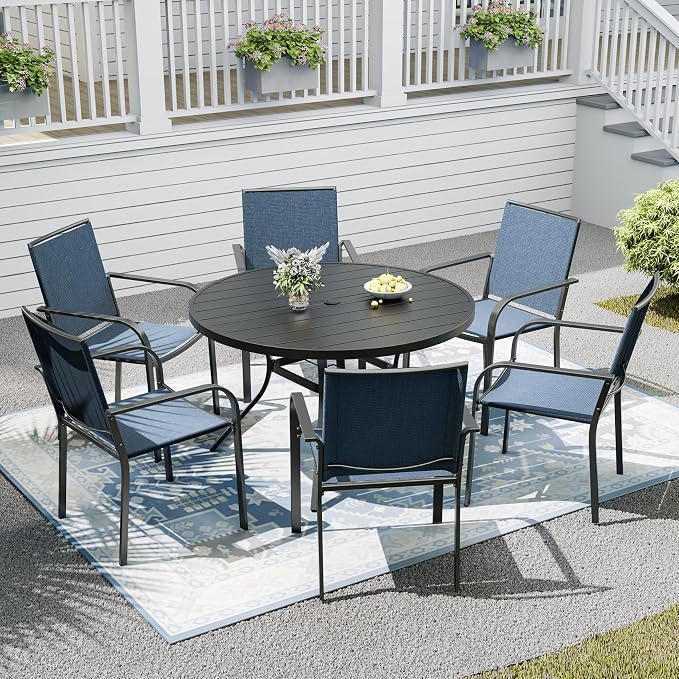 Outdoor Dining Table with 6-Piece Stackable Chairs,48" Round Patio Table with Adjustable Umbrella Hole,Stable Patio Dining Set for Home or Outside