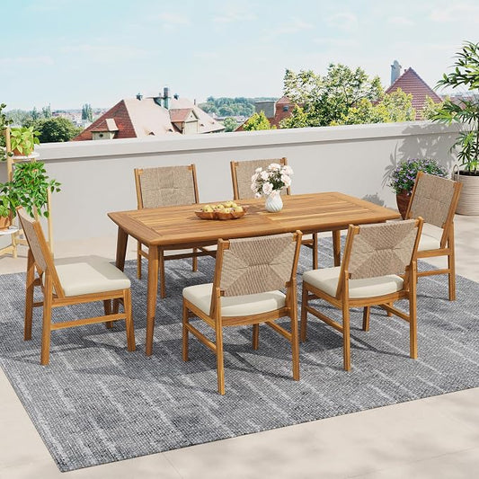 Christopher Knight Home 7 Piece Outdoor Dining Set, 71" Acacia Wood Patio Table with 6 Light Brown Wicker Chairs and Cream Cushions, Teak Finish Wood Dining Table Set for Backyard Garden Porch Deck