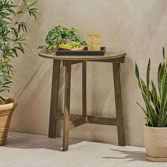 roomfitters Outdoor Half-Round Folding Acacia Wood Bistro Table, Small Space Patio Dining Accent Table, Grey Finish