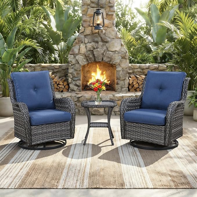 Outdoor Swivel Rocker Patio Chairs with Side Table 3 Pieces PE Wicker Patio Furniture Set for Porch Deck Balcony Garden-Grey/Blue
