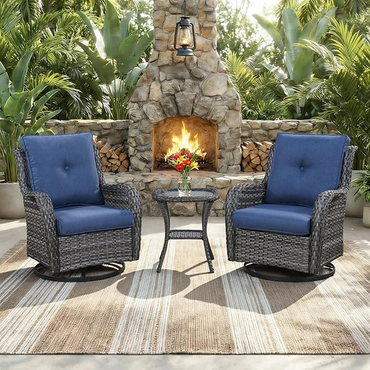 Outdoor Swivel Rocker Patio Chairs with Side Table 3 Pieces PE Wicker Patio Furniture Set for Porch Deck Balcony Garden-Grey/Blue