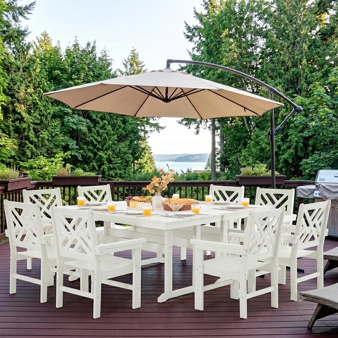 HDPE Outdoor Dining Set,10-Piece Outdoor Table and Chairs Include 8 Dining Chairs and 2 Pcs 62.5" Patio Dining Table with Umbrella Hole (White)