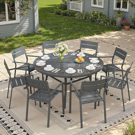 Patio Dining Set for 8, Round 53.1" Patio Dining Table and Stackable Outdoor Dining Chairs Outdoor Furniture for Backyard Porch Deck, Spliced Dark Grey Table and Grey Chairs