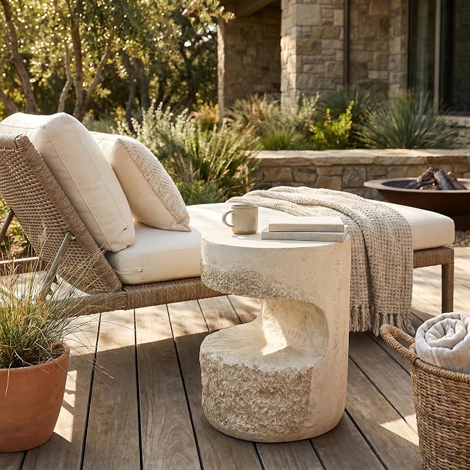 Christopher Knight Home Skye Round MGO Outdoor Side Table With Hollow Cylindrical Design, Square Accent Table with Stone-Like Texture, Weather Resistant Small End Table for Indoor/Outdoor Usage, Beige
