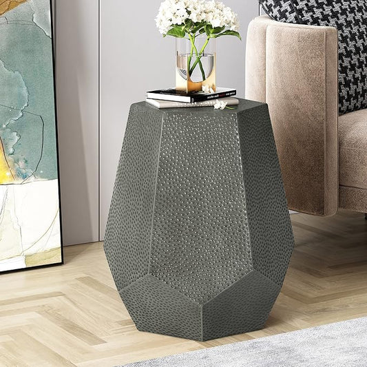 WILLIAMSPACE 20.5" Side Table with Hexagonal Tabletop, Farmhouse Small Coffee Table French Country Rustic End Table for Indoor Outdoor, Small Table for Living Room, No Assembly, Iron, Antique Silver