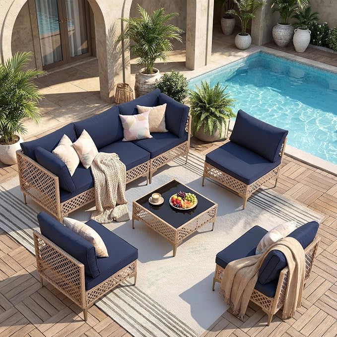 FHFO 7 Piece Outdoor Wicker Patio Furniture Set, Yellow/Blue | Sectional Sofa | All-Weather Hand-Woven Rattan | Tempered Glass Coffee Table | Free Combination | Indoor & Outdoor Use