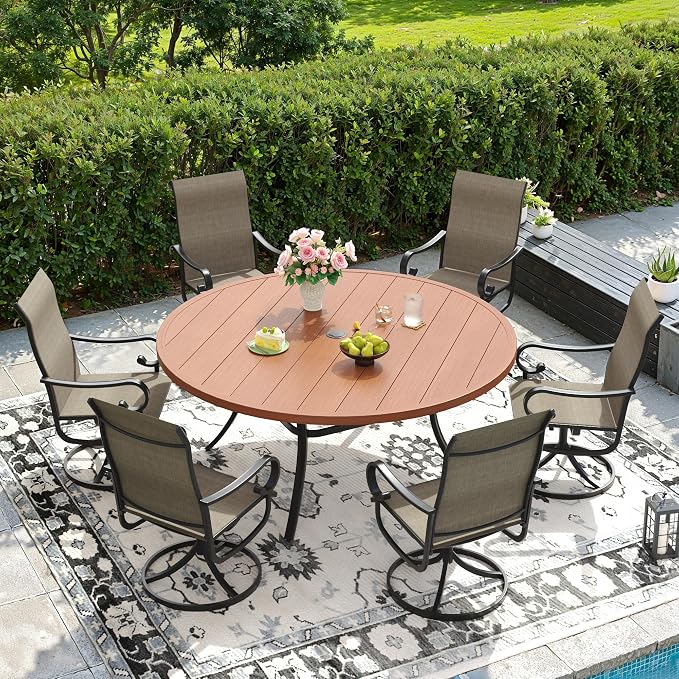 DIFY 7 Pieces Outdoor Dining Set for 6, Outdoor Furniture Set of 6 Brown Textilene Swivel Patio Chairs, 53" Walnut Round Metal Dining Table with Umbrella Hole, for Garden Deck Backyard