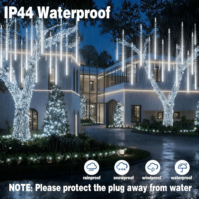 EEIEER Meteor Shower Lights Outdoor, 11.8 inches 10 Tubes 240 LED Snowfall Falling Rain Lights for Halloween Christmas Holiday Tree Home Party-White