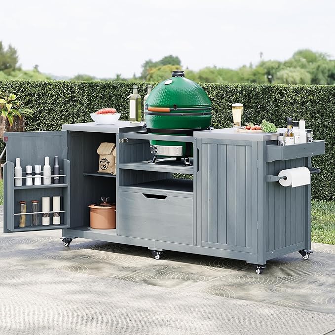 Outdoor Kitchen Island for Big Green Egg Grills, Solid Wood Outdoor Grill Cart for Tabletop Grill with Stainless Steel Top, Drawer, Compatible with Large Big Green Egg, Kamado Joe (Grey+Blue@029)