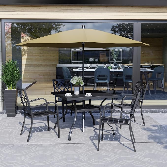 SOLAURA 6-Piece Outdoor Patio Dining Set, 4 Person Outside Table and Chairs Set, Metal Stacked Chairs of 4, Slat Table Top with 1.57" Umbrella Hole and 9 FT Patio Umbrella (Black)