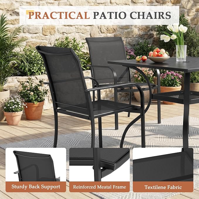 Crownland 5 Piece Patio Dining Set, Textilene Dining Sets, 4 Textilene Metal Chairs and Square Outdoor Dining Table with Khaki 9FT Round Outdoor Umbrella (Black)