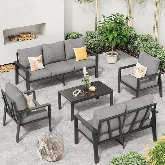 Aluminum Patio Conversation Set with Coffee Table 5 Pieces Deck Outdoor Furniture 7-Seat All-Weather Rust-Proof Sectional Sofa Set with Removable Cushion for Backyard, Poolside & Small Spaces