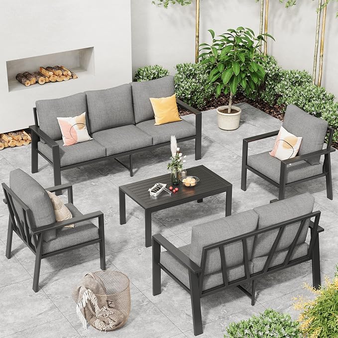 5 Pieces Aluminum Patio Conversation Set Metal Deck Outdoor Furniture 7-Seat All-Weather Rust-Proof Sectional Sofa Set with Removable Cushion for Balcony, Yard, Poolside & Small Spaces